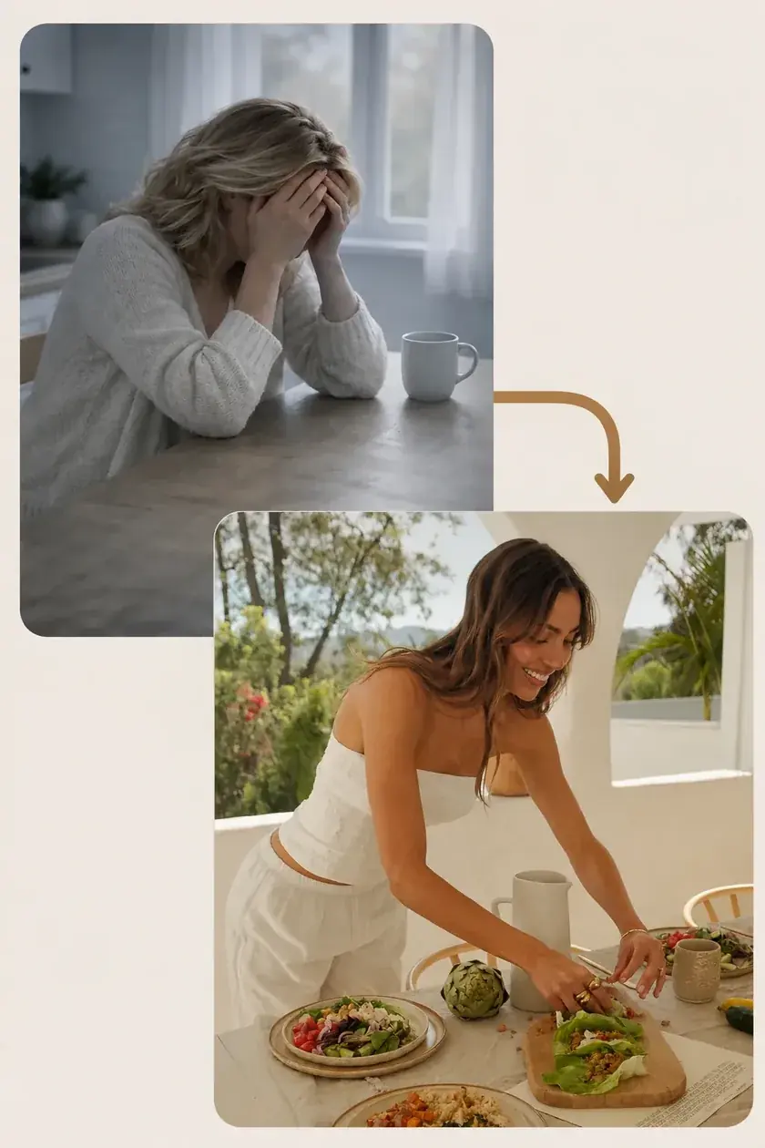 Transição: da mulher sobrecarregada à mulher preparando sua refeição com leveza.