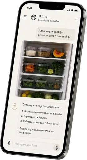 Celular exibindo uma conversa com a ANNA, assistente de receitas e substituições.