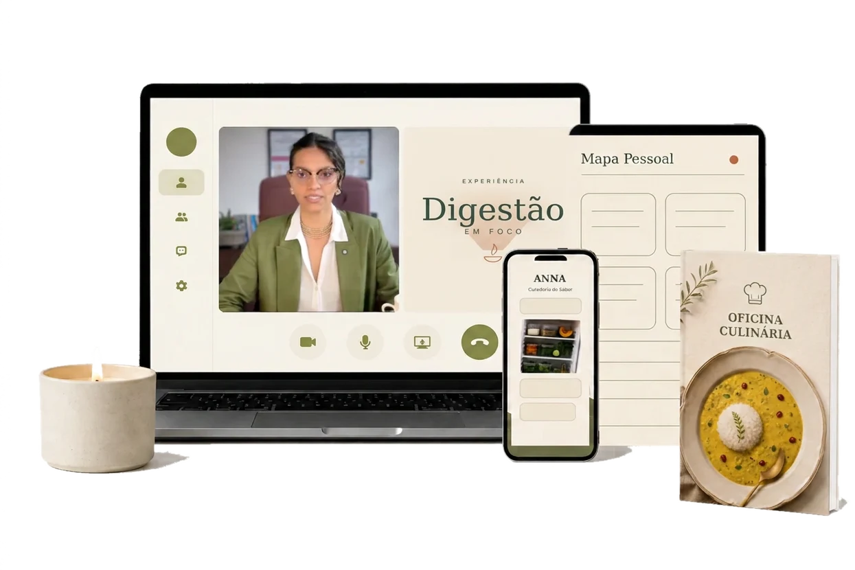 Conjunto do que você recebe na experiência Digestão em Foco, exibido em notebook, tablet e celular.
