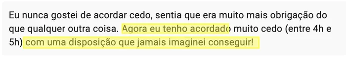 Print de conversa no WhatsApp de aluna relatando disposição ao acordar cedo pela manhã.