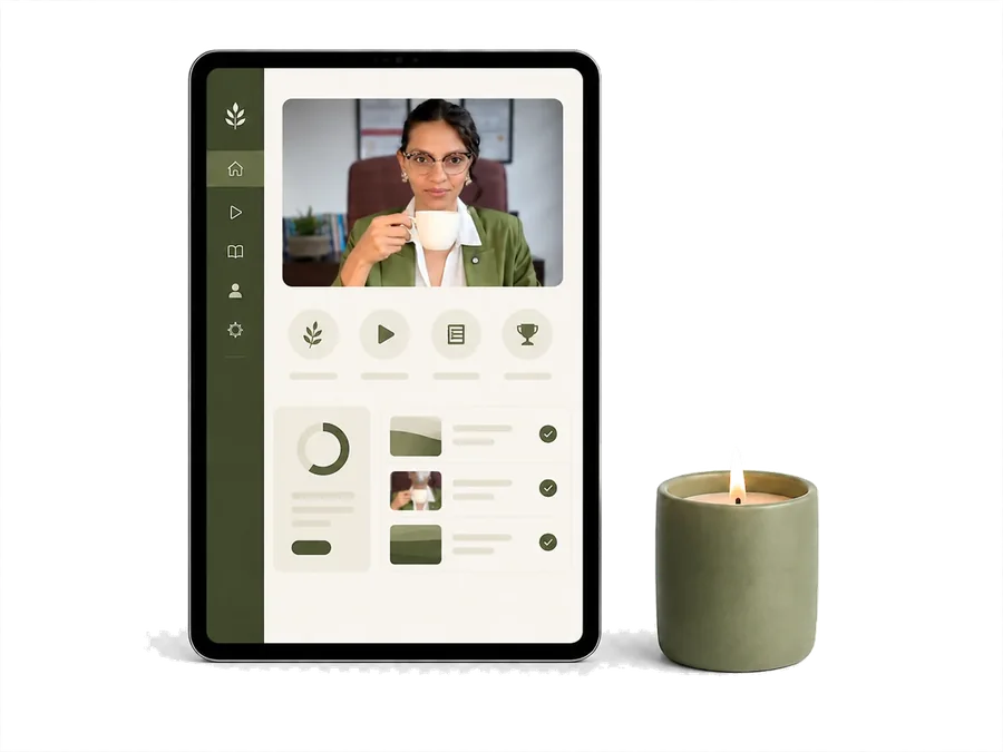 Tablet exibindo a área de membros, ao lado de uma vela acesa.